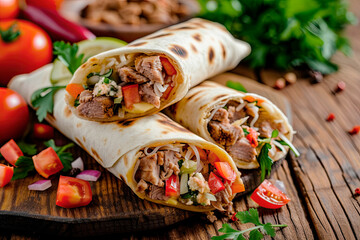 delicious mexican burrito with beef,vegetables and sauce on wooden table