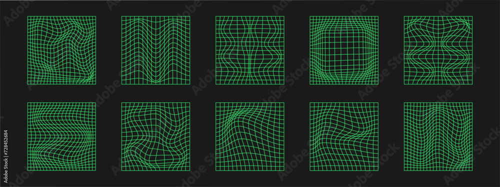 Poster set of distorted cyber grids. cyberpunk geometry element y2k style. isolated green mesh on black bac