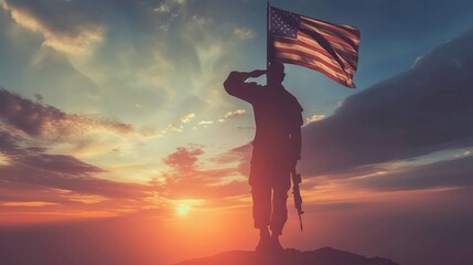 Silhouette of a USA armed forces soldier saluting against the backdrop of a waving national flag during sunset. Reflecting themes of military victory, glory, and fallen remembrance. - obrazy, fototapety, plakaty