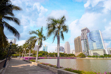 Fototapeta premium Bangkok skyscrappers. View from Benjakiti park on the city towers.