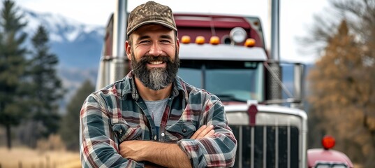 Smiling bearded truck driver standing in front of truck with copy space for text