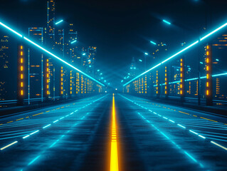 modern city road at night, illuminated by yellow and blue neon lights, empty with a sense of danger