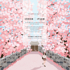 Vector Illustration of a Woman walking Alone on a Tranquil Country Path with Abundant Cherry Blossoms. Template Designs for Stationery, Cards, Notes, Posters, and Book Covers	 - 728453208