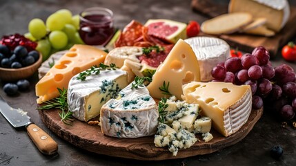 Cheese Board, grapes and other appetizers - obrazy, fototapety, plakaty
