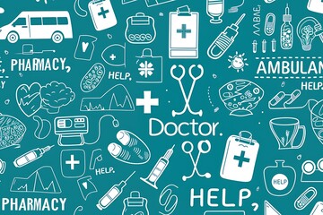 healthcare and pharmacy pattern featuring outlined icons of pills, ambulances, and medical equipment on a teal background. It is ideal for medical content, ads, and websites 