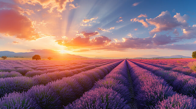 Panoramic view of a flower field in Provence, France, the sunrise creating a vibrant backdrop of blue sky and fluffy clouds © 1st footage