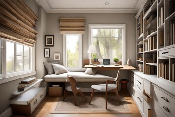 Design a cozy corner in the bedroom with a window seat and a small writing desk 