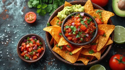 Nachos chips with melted cheese and dips variety in black bowl. Grey stone background