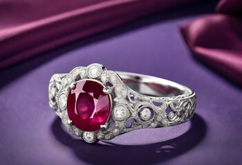 An ornate white gold ring showcasing a vibrant red ruby encircled by diamonds