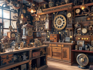 Antique shop in the Victorian era, filled with steampunk designs, from steam-powered boxes to clockwork contraptions