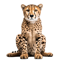 Portrait of a cheetah sitting and looking in front of white, isolated on transparent background 