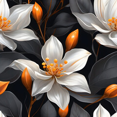  Black canvas blossoms: White and orange flowers in stark contrast
