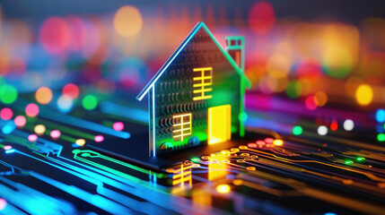 A small house on the electronic board with colorful lights - obrazy, fototapety, plakaty