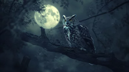 Gordijnen A majestic owl perched silently on an ancient gnarled branch under a full moon, its piercing eyes glowing softly, surveying the dark forest below, embodying the silent guardian of the night © 1st footage