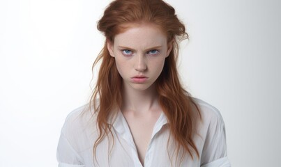 Fototapeta premium Angry woman on white background. Anger expression concept.