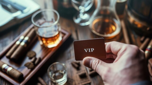 Man holds card with word VIP . View from the top on the gentleman's hand that holds exclusive VIP membership card next to the wooden table with whisky in carafe and glass with cigars
