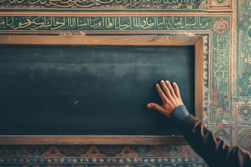 hand is touching a chalkboard with Arabic script written in an elegant calligraphy style