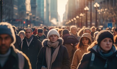 Crowd of people on street in the city - obrazy, fototapety, plakaty