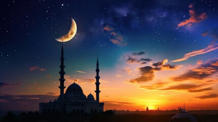 Mosque with sunset sky, moon and start, islamic night - obrazy, fototapety, plakaty