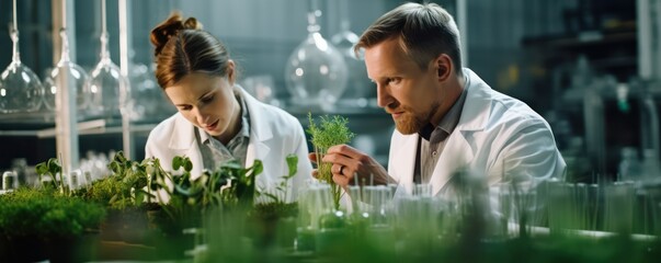 Botanist scientist woman and man in white lab coat work together on experimental plant plots biological researchers hold chemical test tube do science experiment with plant in greenhouses labor