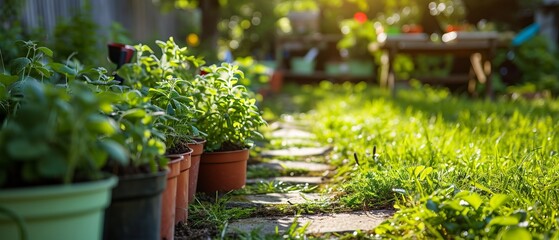 A serene garden path lined with blooming flowers, containers with flower seedlings and terracotta pots on green grass in the golden hour light - obrazy, fototapety, plakaty