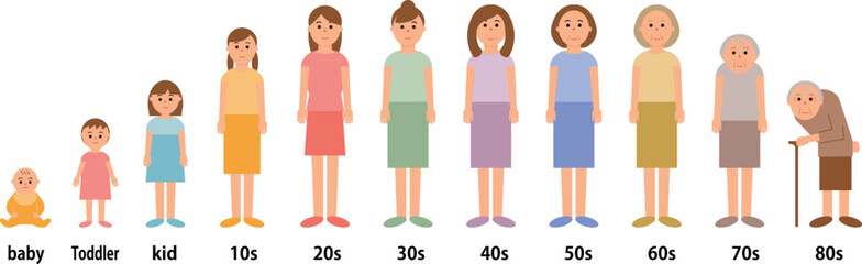 Fototapeta premium 女性の赤ちゃんから80代までの成長イラストセット_全身