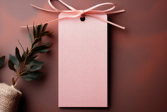 Close up of an empty paper card, a label with a gift tag and a branch of eucalyptus on the background