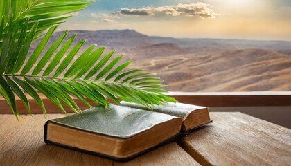 Palm Sunday. The Green Palm Laying On The Bible
