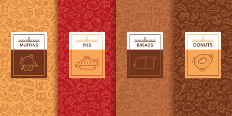 Bakery labels. Bakery pattern. Coffee bread, cookie logo, pastry food cake label frame for confectionery menu, sweet wheat bagel. Flyer design, menu cover. Delicious products. Vector background