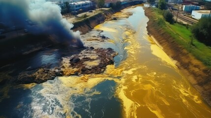 Hazardous chemicals are released into the river Industrial waste water aerial done view Sewage drains into the river Environmental pollution Ecological catastrophe and disaster Contamination