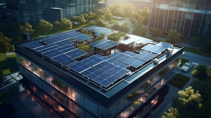 Solar panels being installed on office buildings - obrazy, fototapety, plakaty