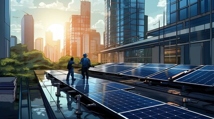 Solar panels being installed on office buildings - obrazy, fototapety, plakaty