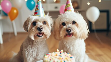 Two cute dogs with party hats and birthday cake - obrazy, fototapety, plakaty