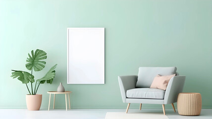 Frame mockup without picture in contemporary minimalist bright room interior, generated AI 