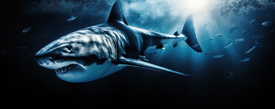 Nice big white shark in the dark with space for text wild ocean life and danger from darkness. Creative Banner. Copyspace image
