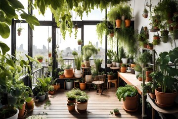 Create a plant-filled oasis on the balcony with a mix of potted plants and hanging greenery  - obrazy, fototapety, plakaty