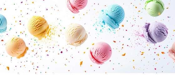 Assorted colorful Scoops of ice cream in various flavors levitating mid-air with vibrant sprinkles and playful color bursts against a white background - obrazy, fototapety, plakaty