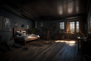 artistic view, casual dark room sublevel, 8k,3d.  