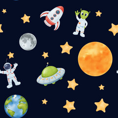 Fototapeta na wymiar seamless watercolor pattern. starry sky. yellow stars, Earth, a whimsical astronaut, an alien UFO rocket moon and sun. for wallpapers, children's rooms, textiles, baby clothes. Dark background