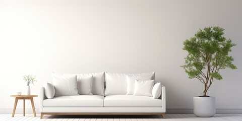 Scandinavian-style a white room with a sofa.