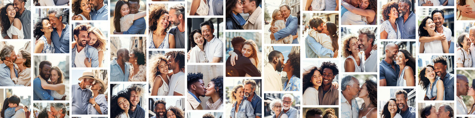 Collage of photos of diverse heterosexual couples kissing and hugging. Valentine's Day backdrop	