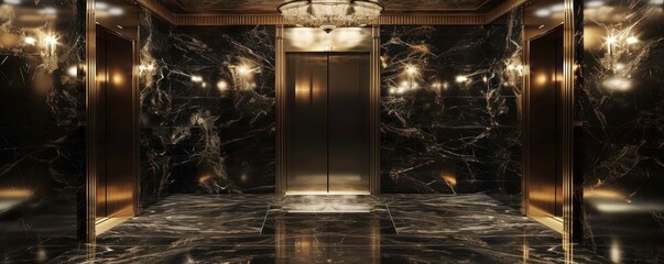 Polished metal elevator doors contrast with the dark, veined marble of an opulent lobby - obrazy, fototapety, plakaty