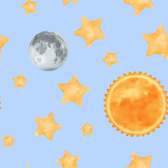 Watercolor seamless pattern. starry night sky. Yellow stars, a gray moon, and a bright orange sun. Blue background. Cosmic theme for kids. Ideal for wallpapers, baby apparel, and notebooks