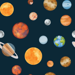 Seamless pattern The solar system. Mercury, Venus, Earth with its satellite, the Moon, Mars, Jupiter, Saturn, Uranus, Neptune, and the dwarf planet Pluto. For astronomy. Dark background © Mari Ka