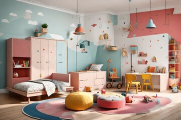 Design a vibrant and playful children's room with colorful furniture and wall decals 