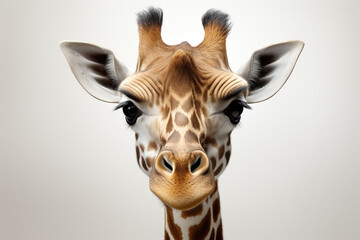 Portrait of an adult giraffe on a white background. Generated by artificial intelligence