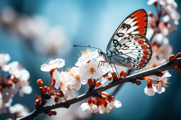 Obraz premium Close-up of a butterfly sitting on a cherry blossom branch. Generated by artificial intelligence