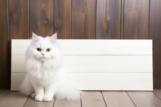 Cute white cat sitting and gazing at camera with ample space for captivating text and captions