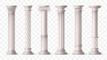 Roman columns. Green ionic pillars from Ancient Greece or Rome architecture temple, white arch frame or pedestal. Classic antique colonnade with carved stone. Architecture elements vector set