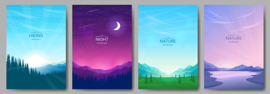 A collection of 4 landscapes. Mountains and forest, night sky and moon, green valley, river. Design for background, wallpaper, postcard, cover, greeting card. Vector image. Tourism, hiking.
